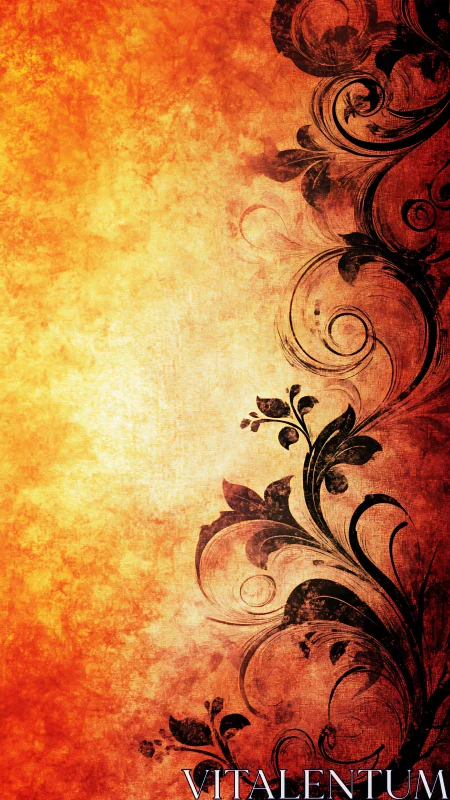 Flourishing black scrolls on glowing ember gradient canvas.