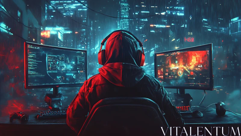 Cyberpunk dual-monitor hacker workstation in neon rain cityscape.