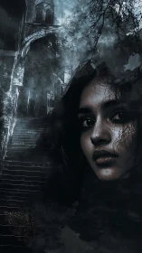 Gothic staircase with haunted woman portrait in shadowed mist.