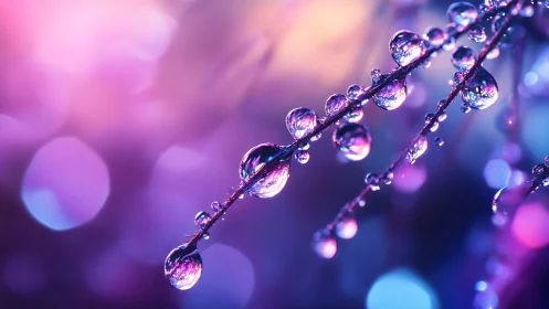 Water droplets on twigs against vivid purple bokeh light.
