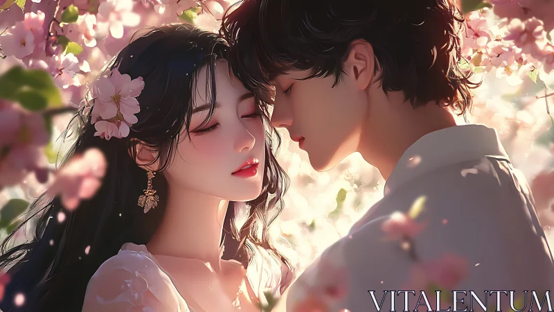 Romantic Moment Among Cherry Blossoms in Soft Light.