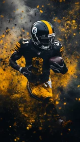 Dynamic gridiron runner amid explosive chromatic particle field.