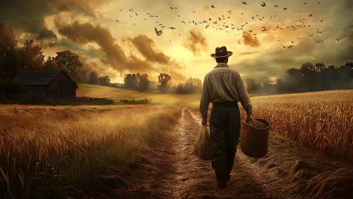 Farmer walks wheat field path under glowing sunset sky.