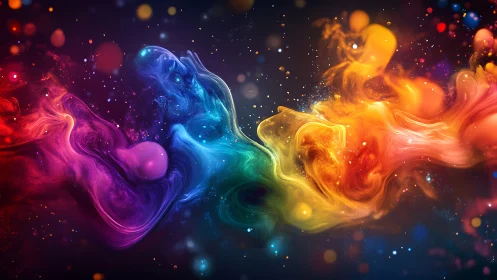 Vibrant swirling rainbow nebula on dark cosmic background.