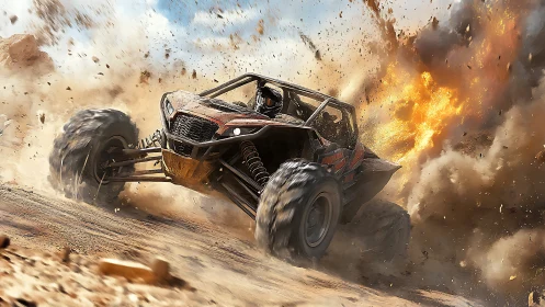 Off-road buggy outruns a fiery desert explosion in motion.