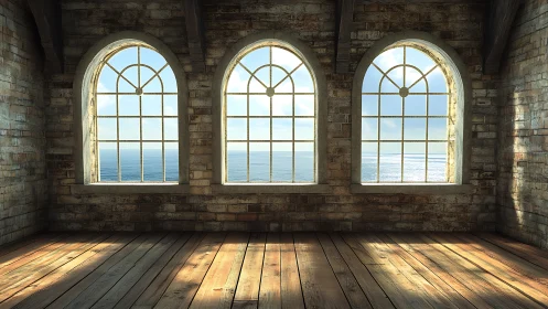 Sunlit brick loft interior with arched ocean-view windows