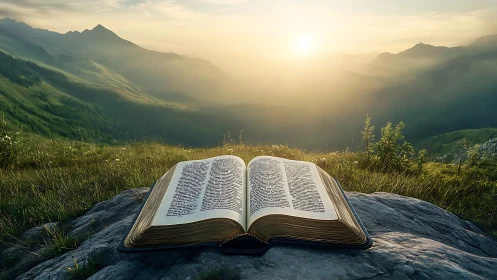 Open Bible on mountain rock at sunrise, inspirational landscape photo.