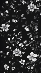Black background with white botanical floral pattern throughout