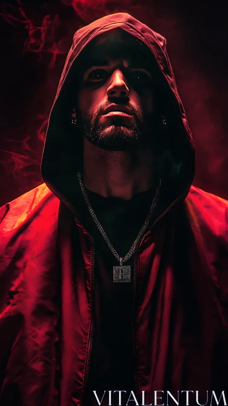 Hooded male subject in red jacket with pendant necklace.