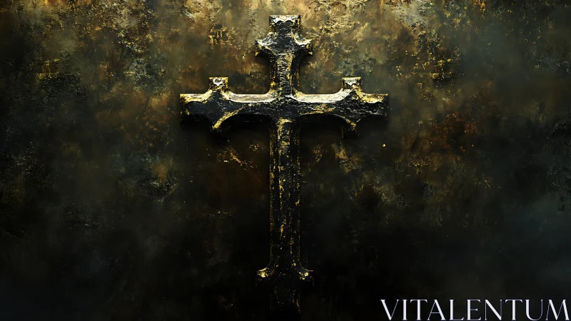 Weathered golden cross glowing against a dark, rustic wall.