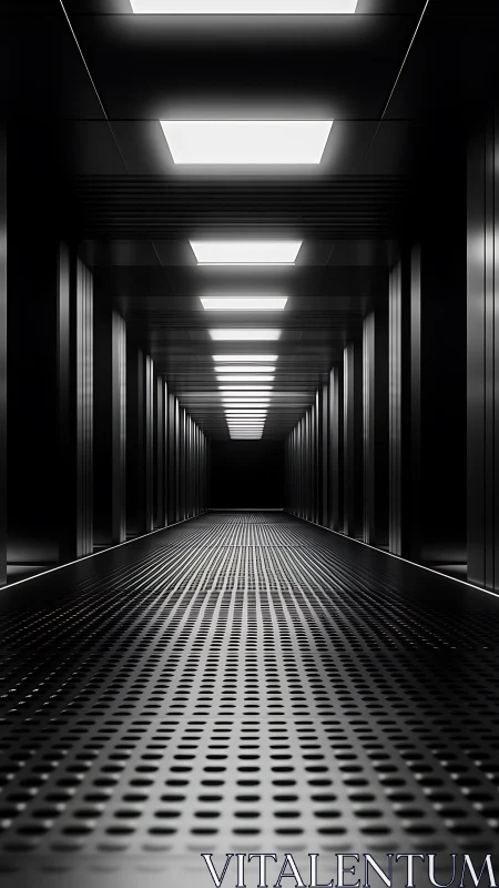 Endless metal corridor hums beneath sterile grid lights