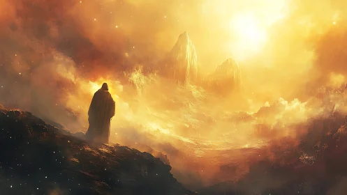 Wanderer in golden mist walking toward distant sunlit peaks.