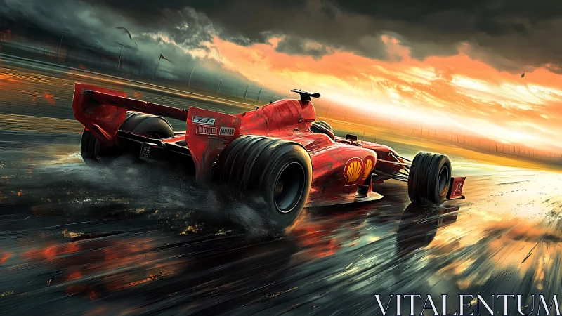 Red Formula race car powers through wet sunset track.