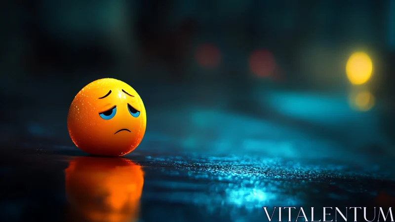Lonely sad emoji resting on a rainy neon city street.