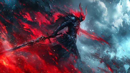 Fierce crimson warrior striding through a storm of fire.