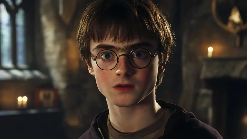 Youthful robed boy in round glasses under warm indoor candlelight