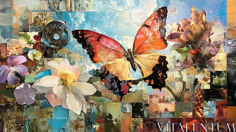 Butterfly collage with mixed media flowers and textures.