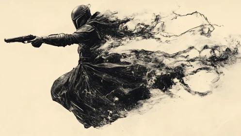 Armored gunfighter dissolving into abstract ink motion.