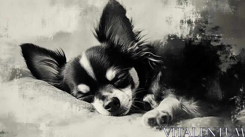 Monochrome micro-portrait of sleeping longhair Chihuahua physiology.