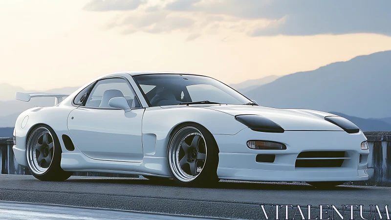 Sleek white sports coupe rests low against a calm mountain sky