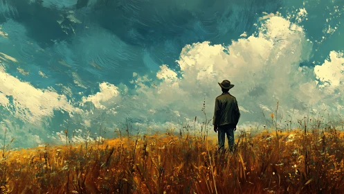 Solitary figure surveying windswept field under turbulent sky