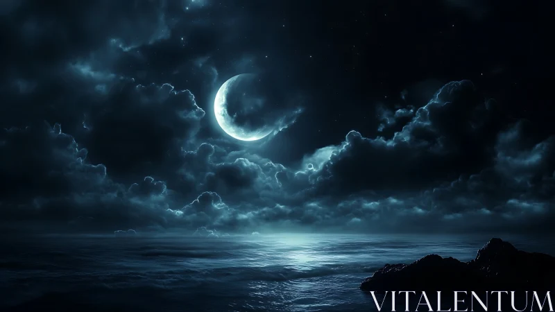 Crescent moonlit seascape with dramatic cumulonimbus clouds