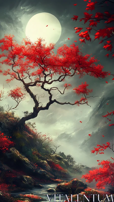 Crimson autumn tree glows under a luminous full moon