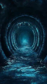 Midnight abyss tunnel glows with eerie blue reflection.