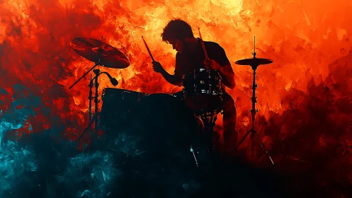 Silhouetted drummer drives a fiery dual-tone abstract stage
