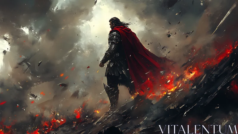 Lone armored hero strides through storm and rising fire.