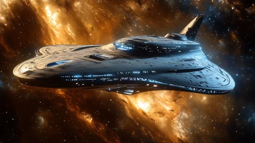 Star-cruising ark gliding through glowing cosmic tides.