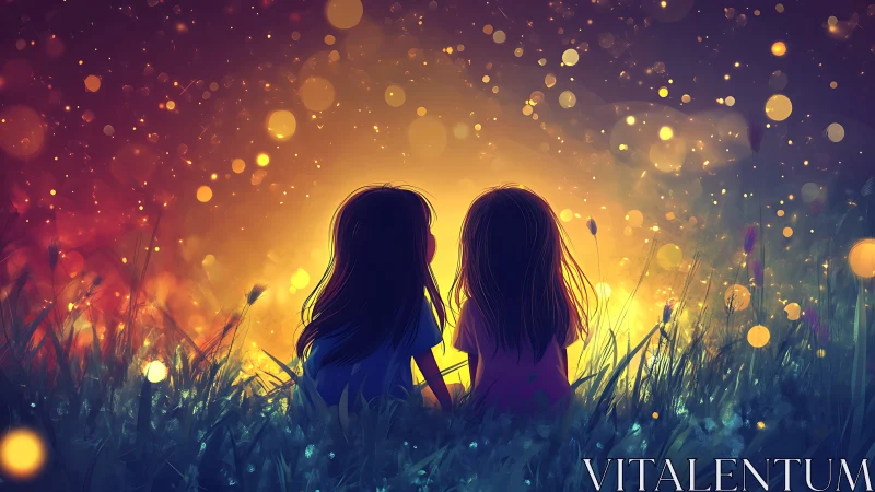 Child silhouettes in luminous dusk field with firefly bokeh.