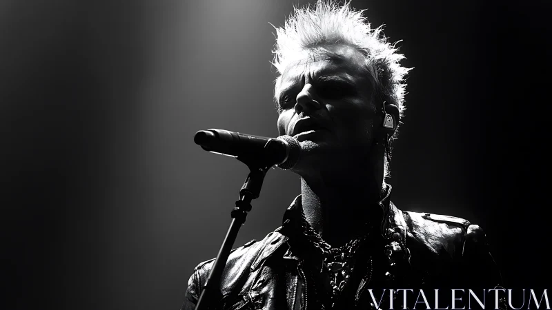 High-contrast monochrome portrait isolates rock vocalist onstage