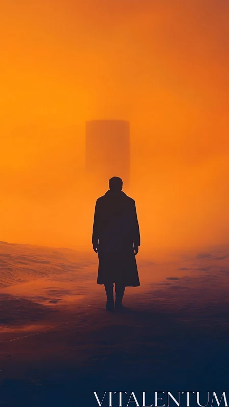 Lone silhouette approaching monolithic tower in orange haze.