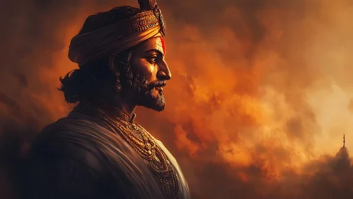 Regal warrior in sunset clouds, wrapped in quiet resolve.