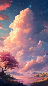 Glowing sunset clouds rise above a tranquil pink lakeshore