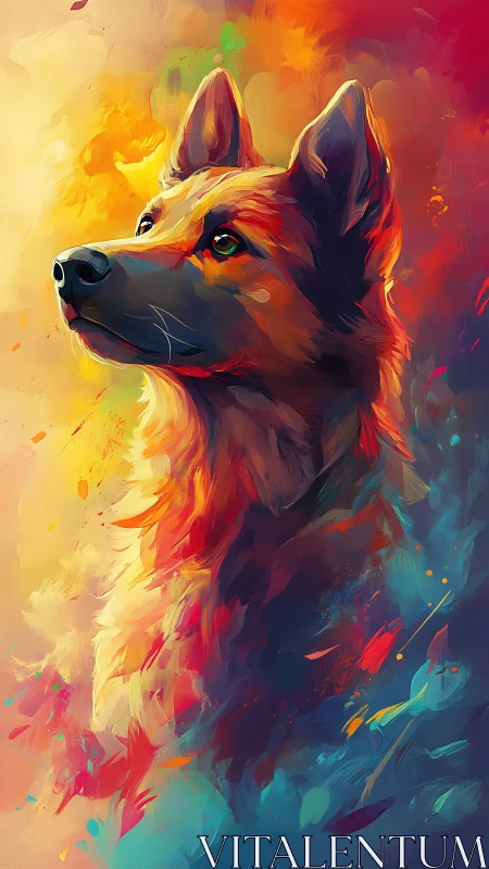 Radiant dog gazes upward in a swirl of glowing color