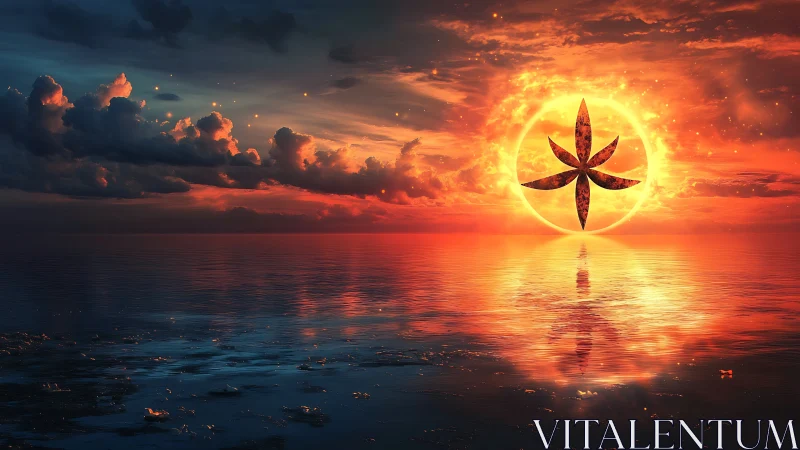 Geometric sun emblem above reflective ocean horizon.