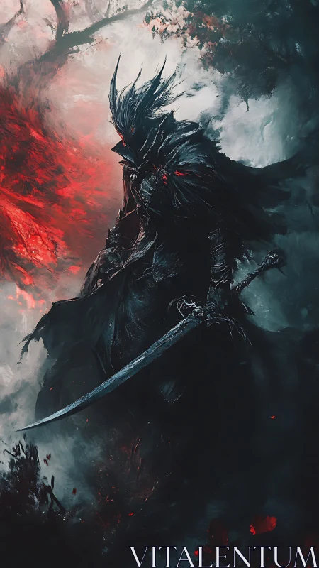 Dark armored swordsman stands in fiery, smoke-filled forest