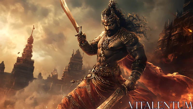 Mythic warrior strides through burning temple ruins.