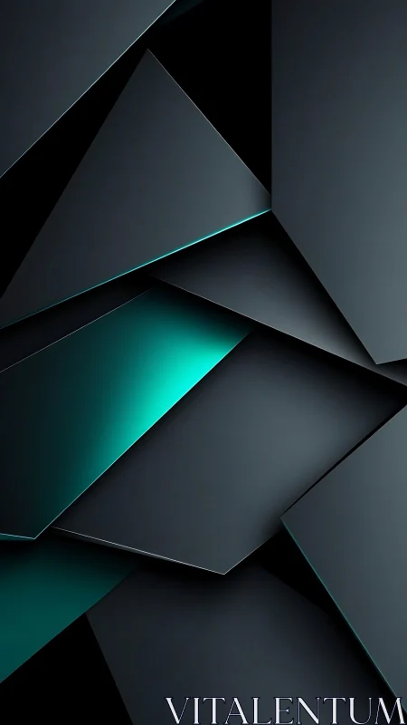 Layered dark geometric panels with teal light accents.