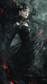 Midnight sorceress drifts through molten shadow currents