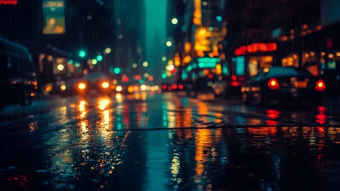 Neon city street in night rain with blurred car lights.