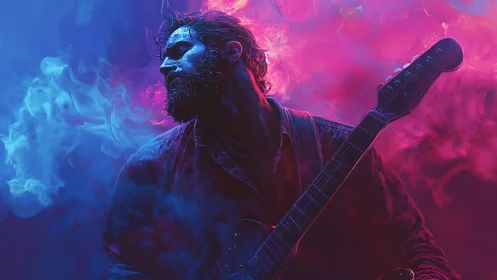 Guitarist lost in neon clouds of sound and swirling light.