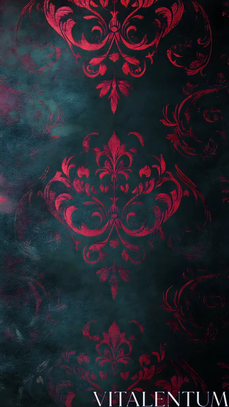 Moody red damask pattern on softly textured teal backdrop.