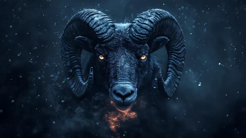 Stormforged ram spirit with ember breath in midnight haze.