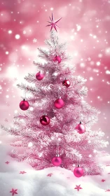 Pink Christmas tree sparkles amid snowy pastel bokeh glow.