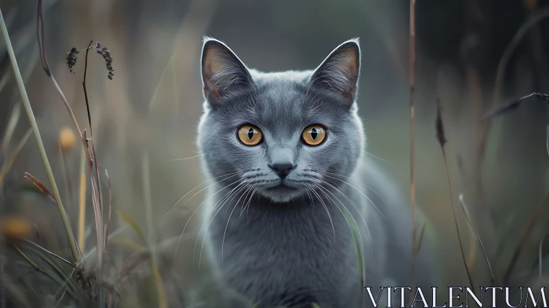 Gray Cat with Amber Eyes in Natural Grassy Setting.