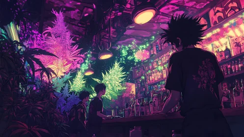 Neon bar interior with glowing plants and young patrons.