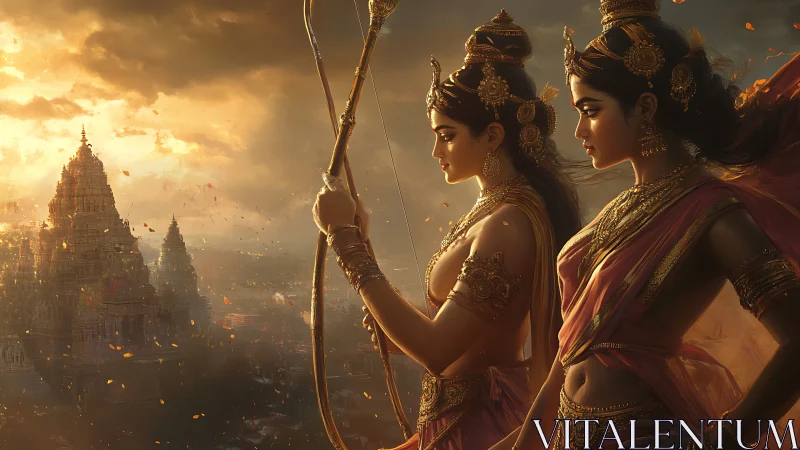 Warrior goddesses in golden light before ancient temple.